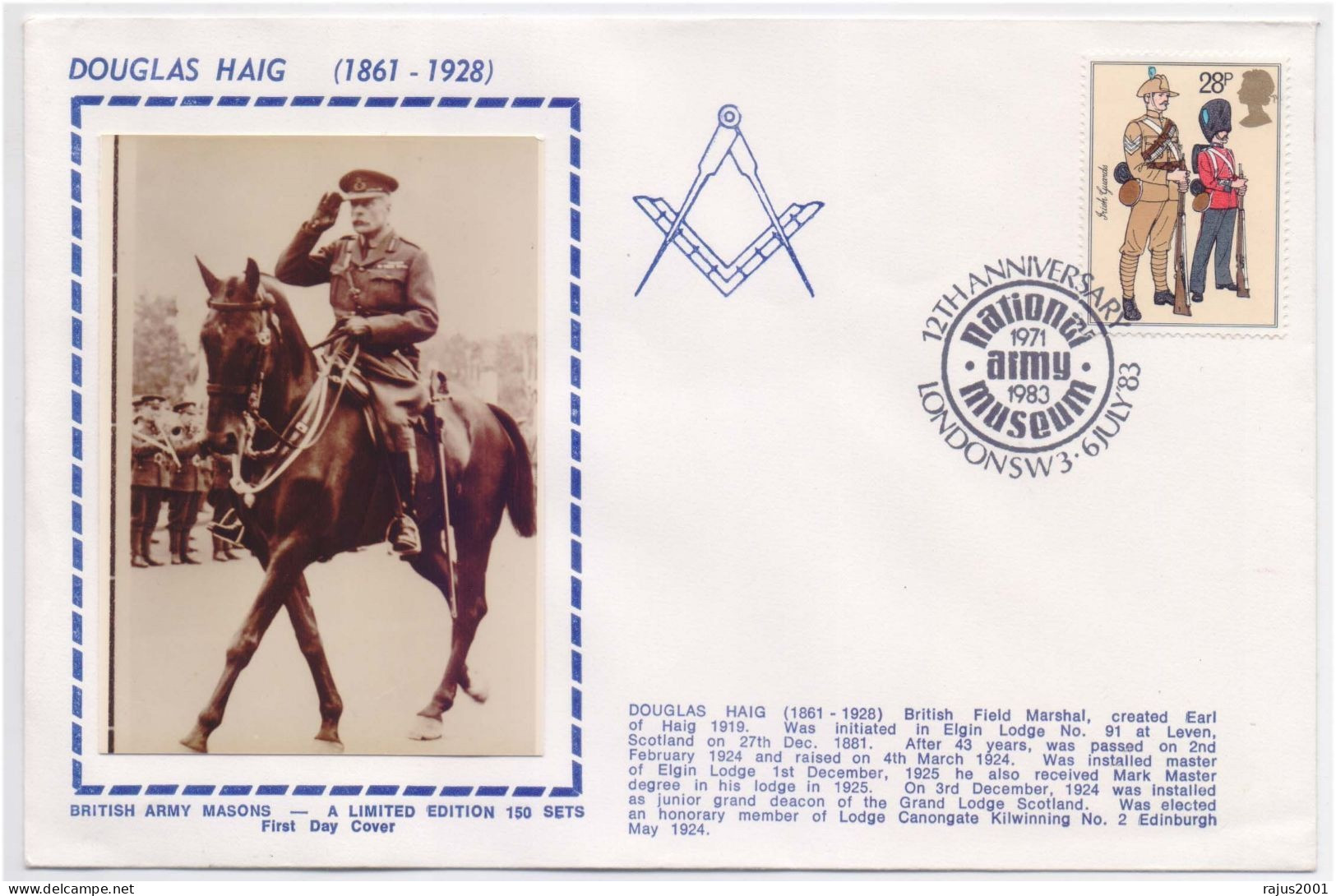 Douglas Haig British Field Marshal, ELGIN Lodge No. 91 British Army Masons, Masonic, Freemasonry Limited Edition FDC - Vrijmetselarij