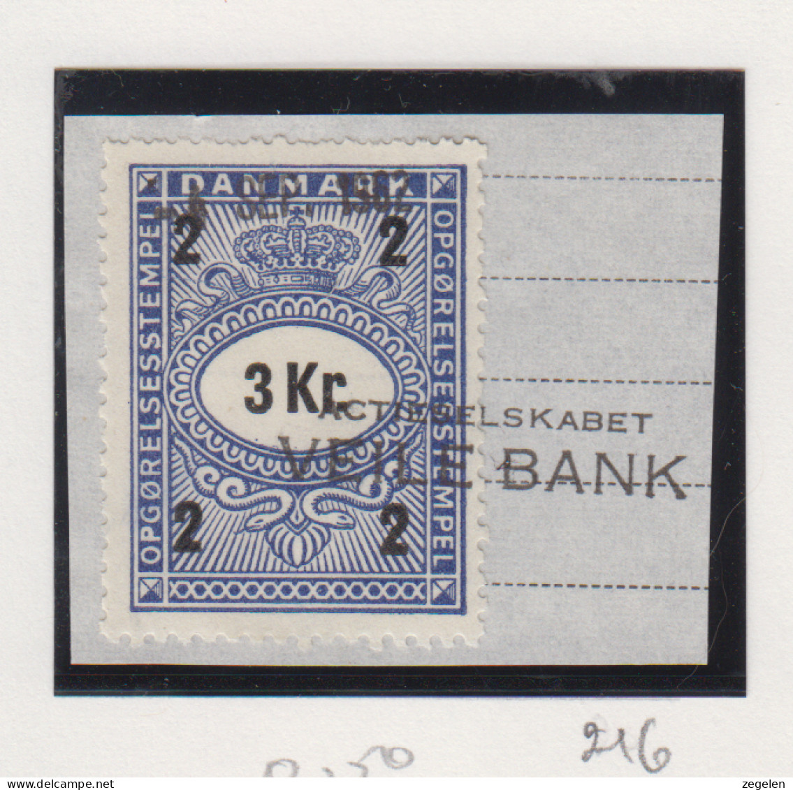 Denemarken Fiskale Zegel Cat. J.Barefoot Opgorelses(Debit Note) 216 Op Fragment - Fiscaux