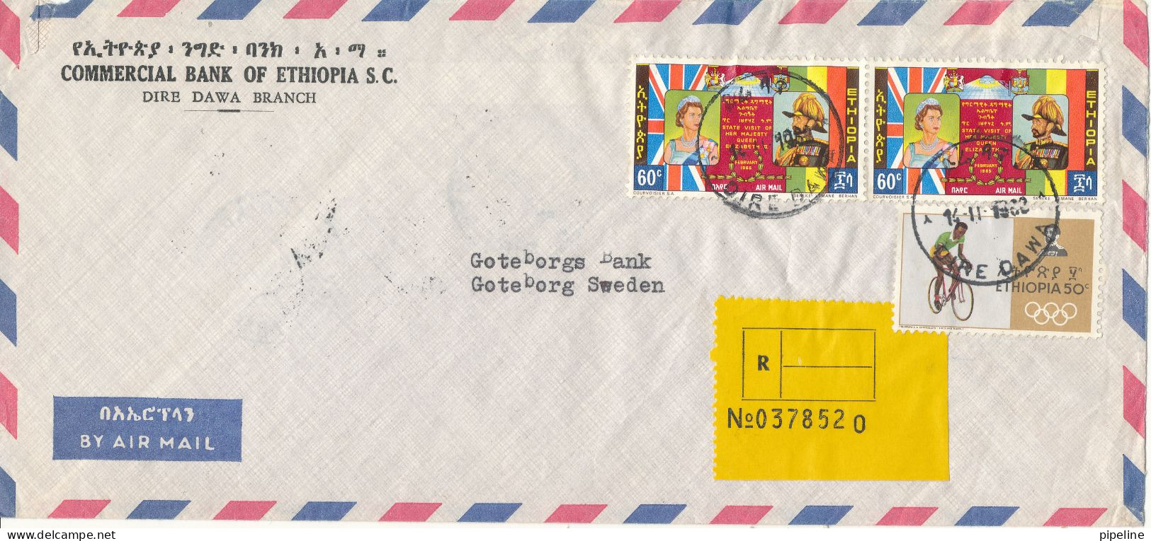 Ethiopia Registered Air Mail Bank Cover Sent To Denmark 14-11-1968 Topic Stamps - Ethiopia