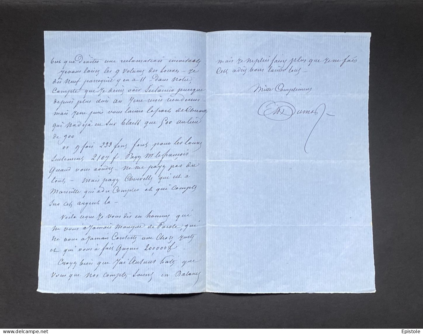 Alexandre DUMAS – Lettre Autographe Signée – Editeur, Ses Romans Et Cherville - Ecrivains