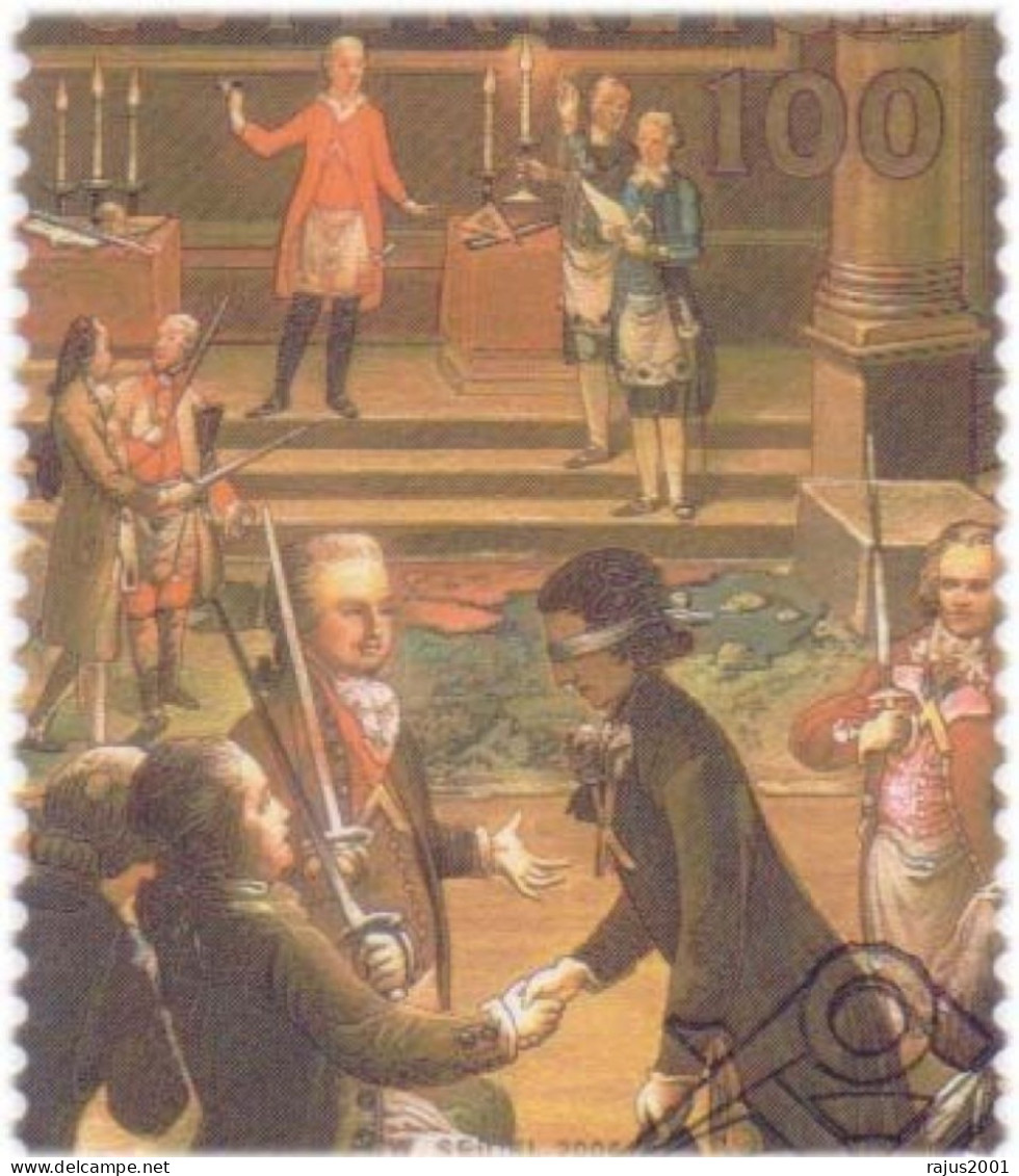 Mozart And Freemasonry In Austria, Masonic Meeting Activities Inside A Lodge, Freemasons With Sword, Compass, MS FDC - Franc-Maçonnerie