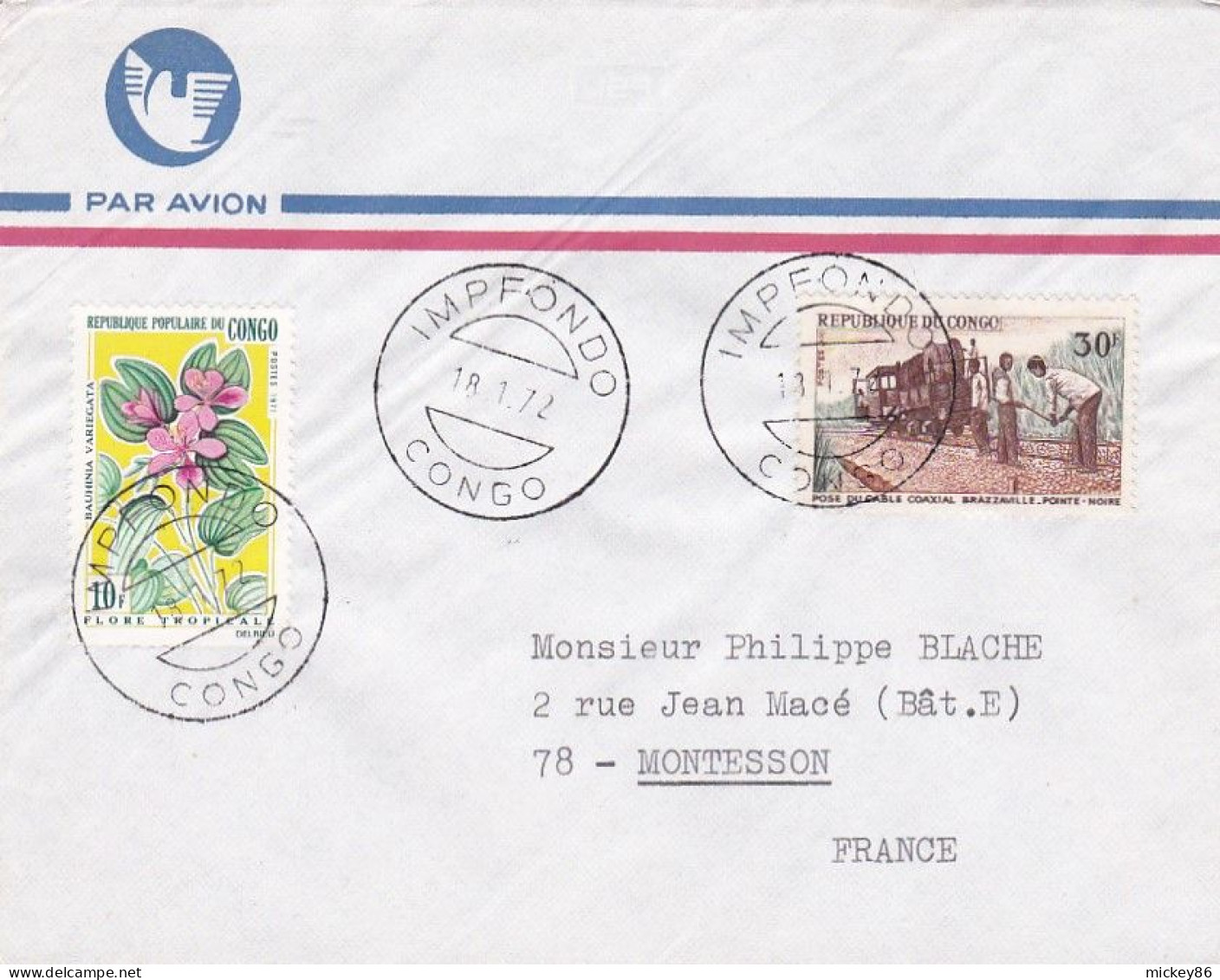 CONGO -1972--Lettre IMPFONDO Pour MONTESSON -78 (France) Timbres Fleur,pose Câble  Sur Lettre...cachet - Otros & Sin Clasificación