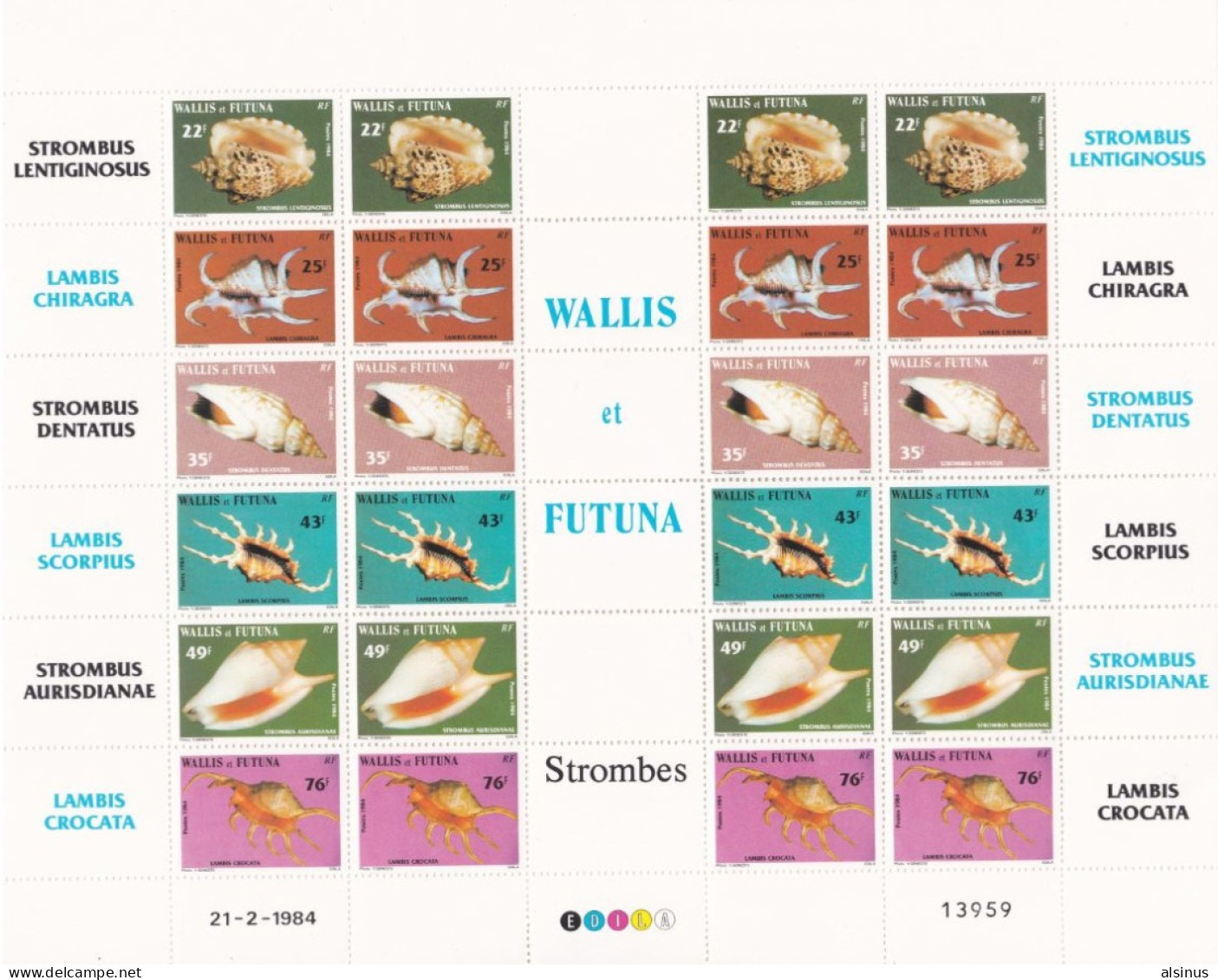WALLIS ET FUTUNA - 1984 - N° YVERT. 312 à 317- STROMBES - FEUILLET NEUF - Unused Stamps