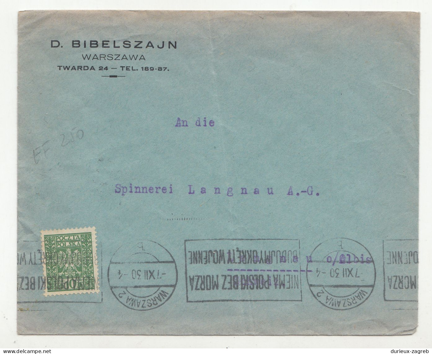 D. Bibelszajn, Warszawa Company Letter Cover Posted 1930 To Switzreland B240301 - Briefe U. Dokumente