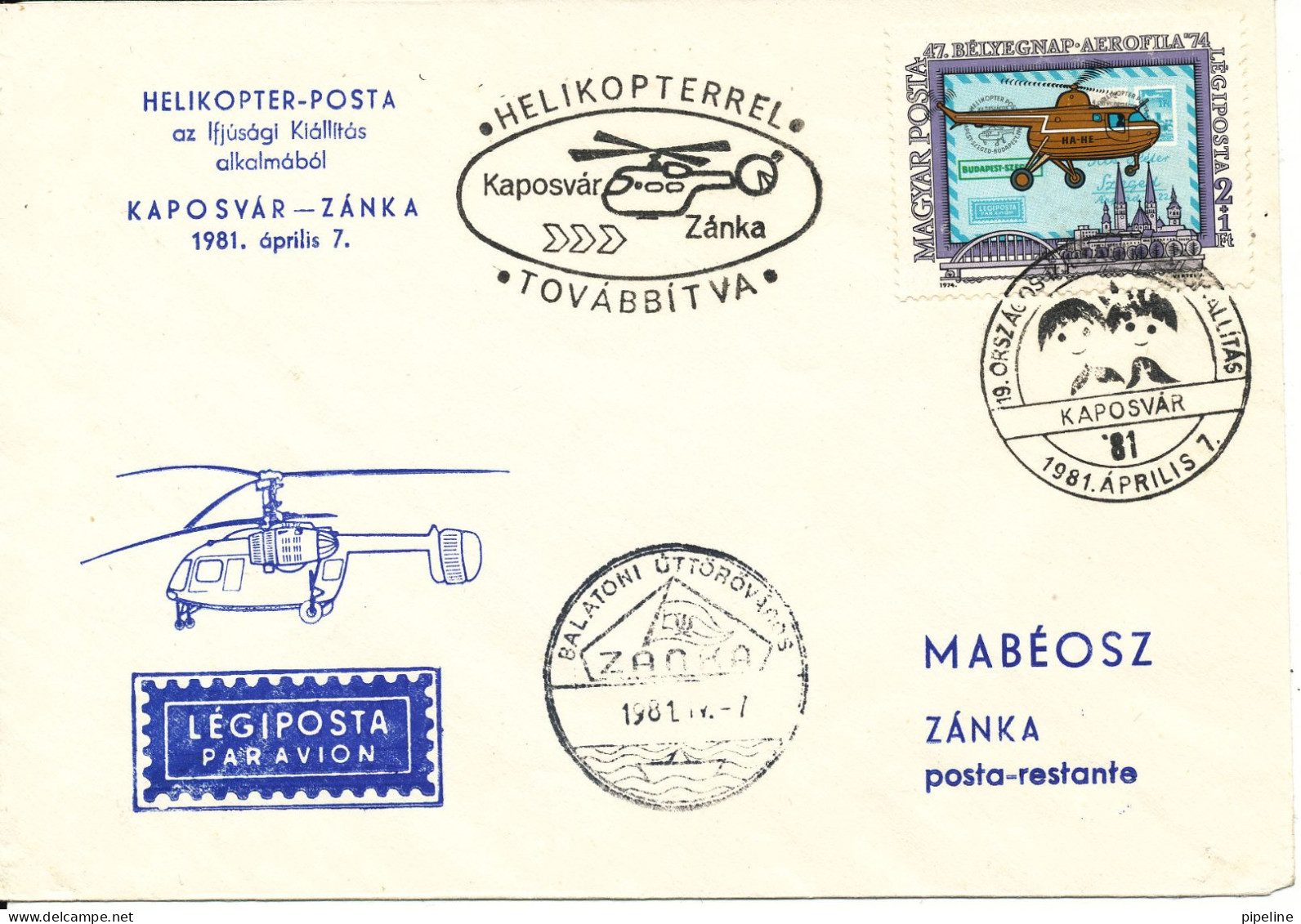 Hungary Air Mail Cover 7-4-1981 Helicopter Flight Kaposvár-Zánka 19th. National Youth Stamp Exhibition - Storia Postale