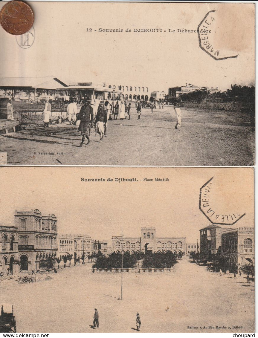 2 Cartes Postales Anciennes De DJIBOUTI  Place Ménélik Et Le Débarcadère   (sans Timbre ) - Djibouti