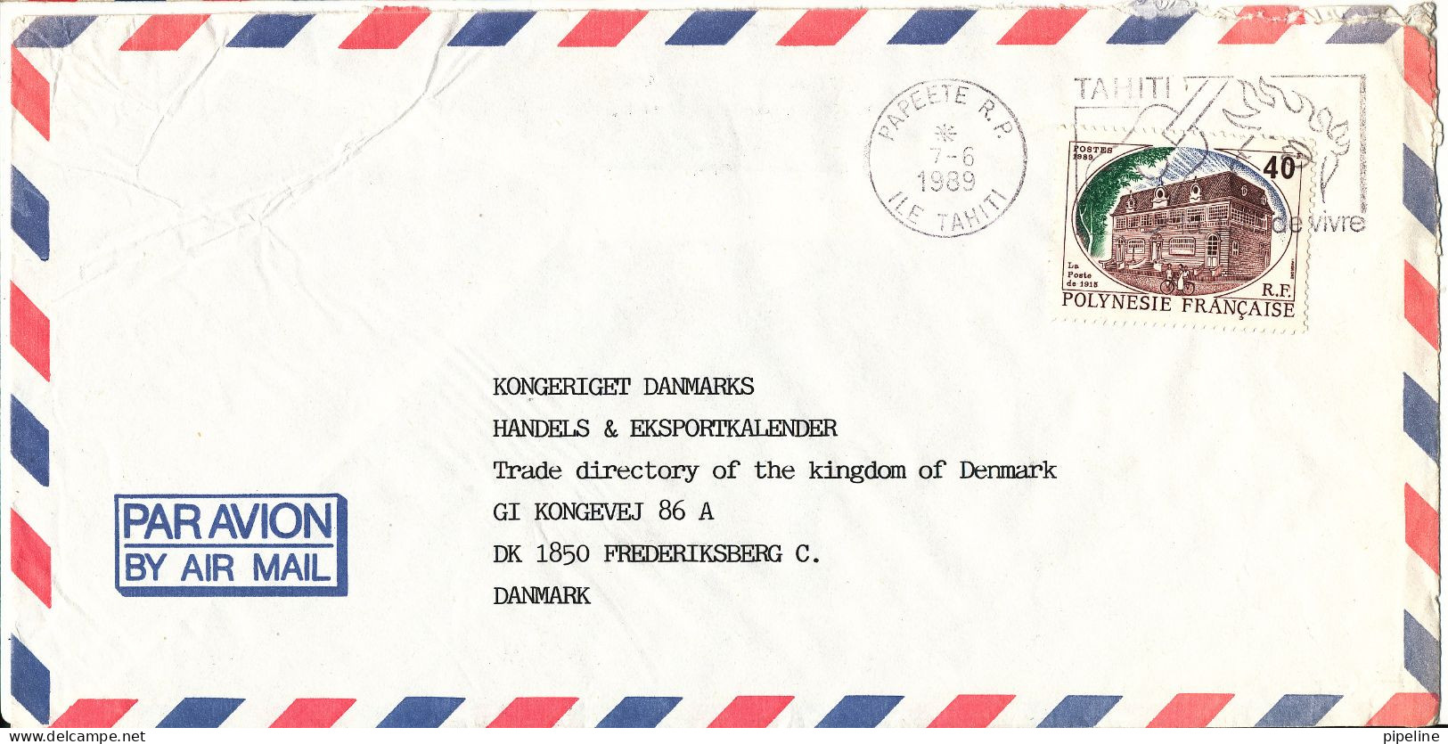 French Polynesia Air Mail Cover Sent To Denmark Papeete Ile Tahiti 7-6-1989 Single Franked - Covers & Documents