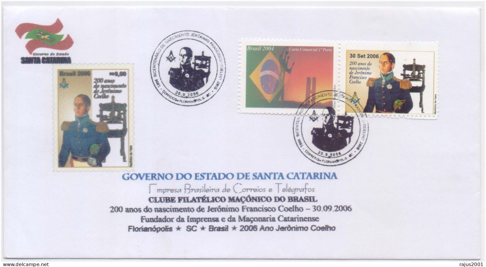 Jeronimo F Coelho, Founder Of The Press & Freemasonry, Masonic Brazilian Lodge, Personalised Stamp Special Cover Brazil - Francmasonería