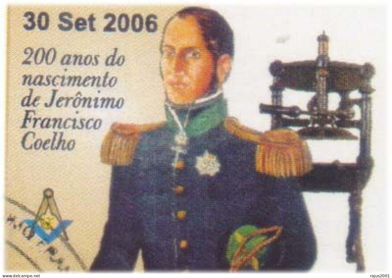 Jeronimo F Coelho, Founder Of The Press & Freemasonry, Masonic Brazilian Lodge, Personalised Stamp Special Cover Brazil - Massoneria
