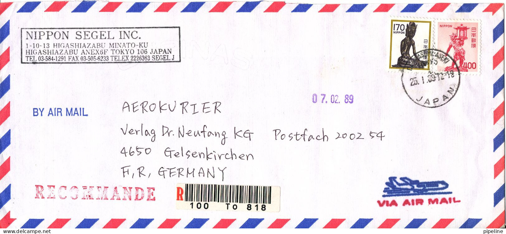 Japan Registered Air Mail Cover Sent To Germany 25-1-1989 - Poste Aérienne