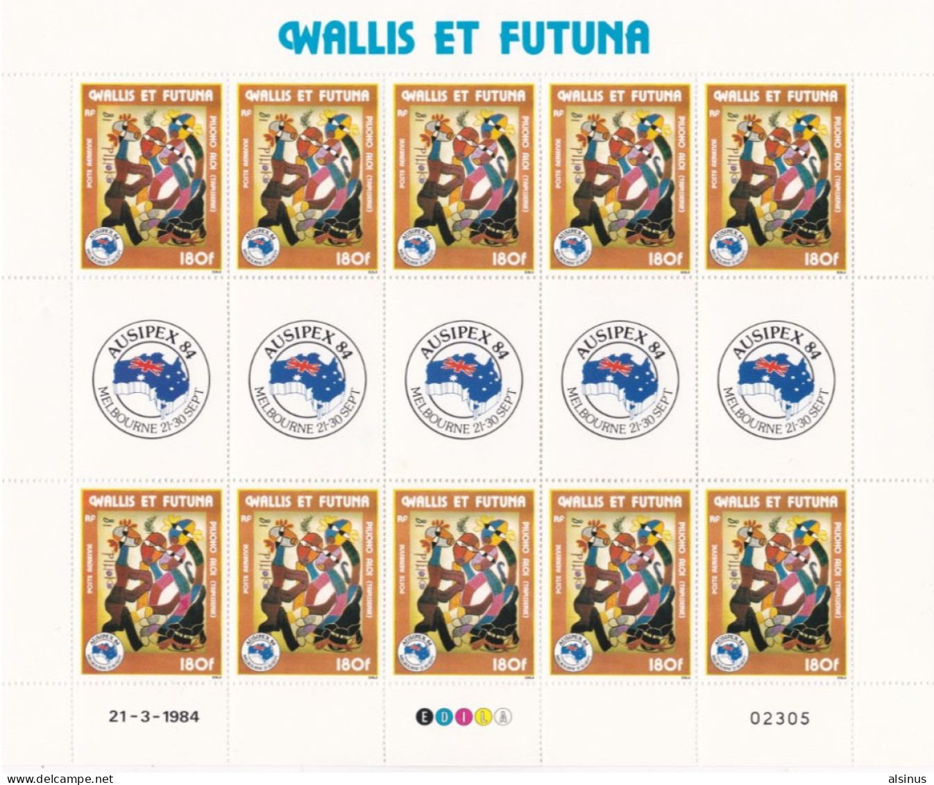 WALLIS ET FUTUNA - 1984 - N° 139 - POSTE AERIENNE - 180 F - EXPOSITION AUSIPEX 84 MELBOURNE -  FEUILLET 10 TIMBRES NEUFS - Unused Stamps