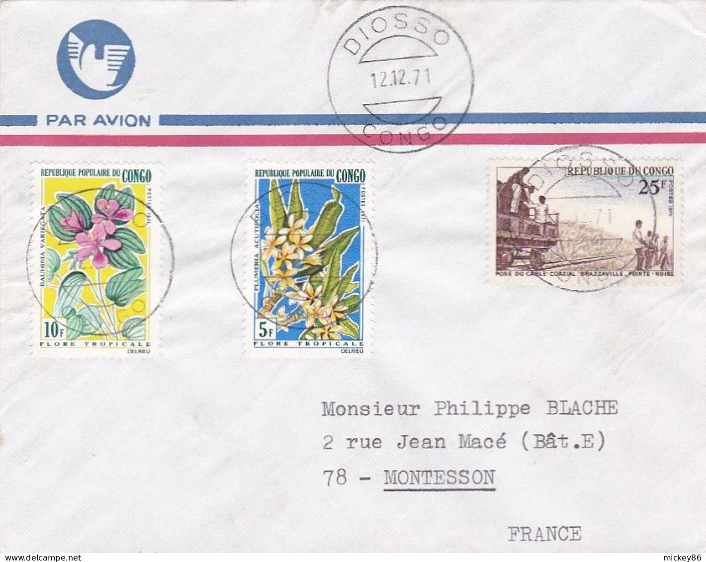 CONGO -1971--Lettre DIOSSO Pour MONTESSON -78 (France) Timbres  Fleurs, Pose Câble   Sur Lettre...cachet - Otros & Sin Clasificación