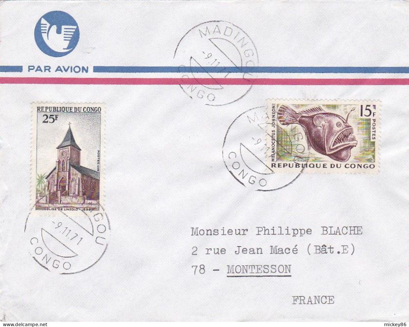 CONGO -1971--Lettre MADINGO  Pour MONTESSON-78 (France) Timbres Poisson,église LINZOLO  Sur Lettre...cachet - Otros & Sin Clasificación