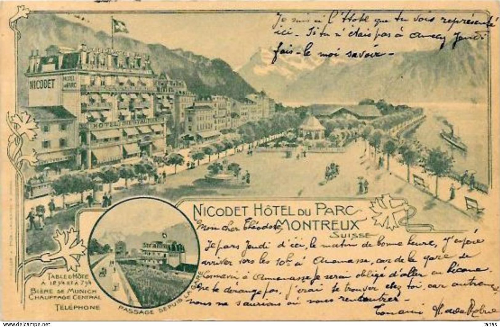CPA Suisse Helvétia Montreux Type Gruss Circulé Publicité Hôtel - Mon