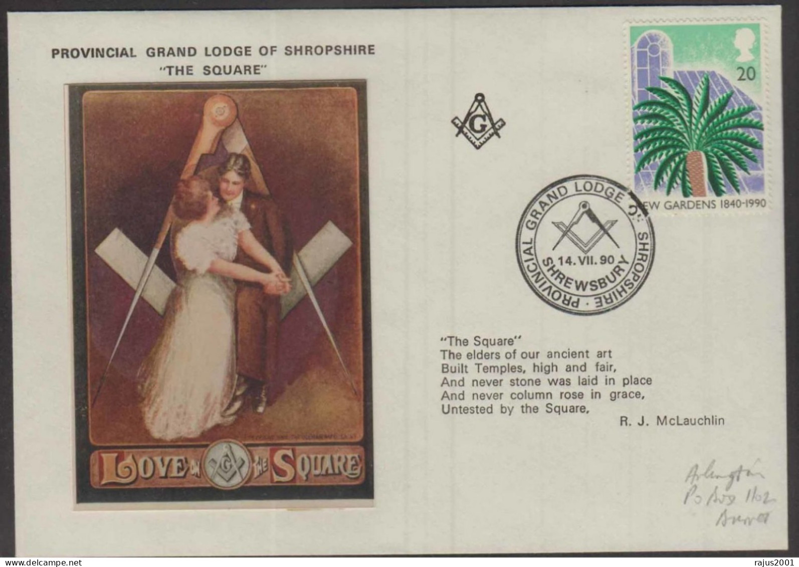 Provincial Grand Lodge Of Shropshire The Square And The Love, Freemasonry, True Masonic Cover Great Britain - Vrijmetselarij