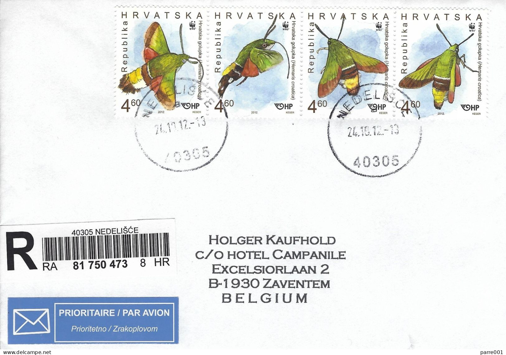 Croatia 2012 Nedelisce WWF Moth Hemaris Croatica Registered Cover - Storia Postale