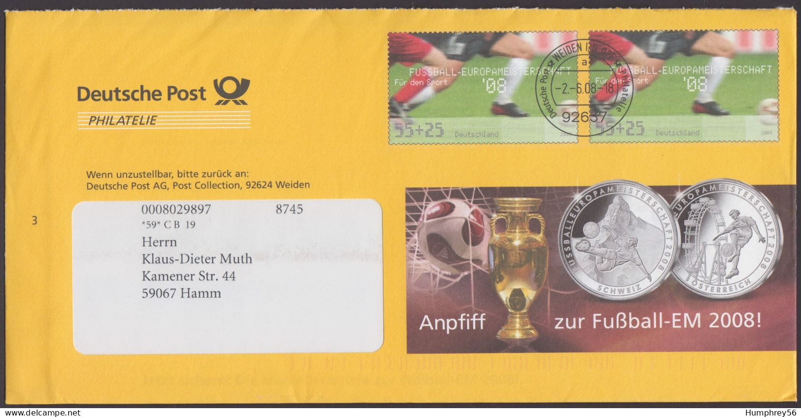 2008 - GERMANY - Cover [Postal Stationery] - European Football Championship 2008 [Michel F323/01] + WEIDEN - Enveloppes Privées - Oblitérées