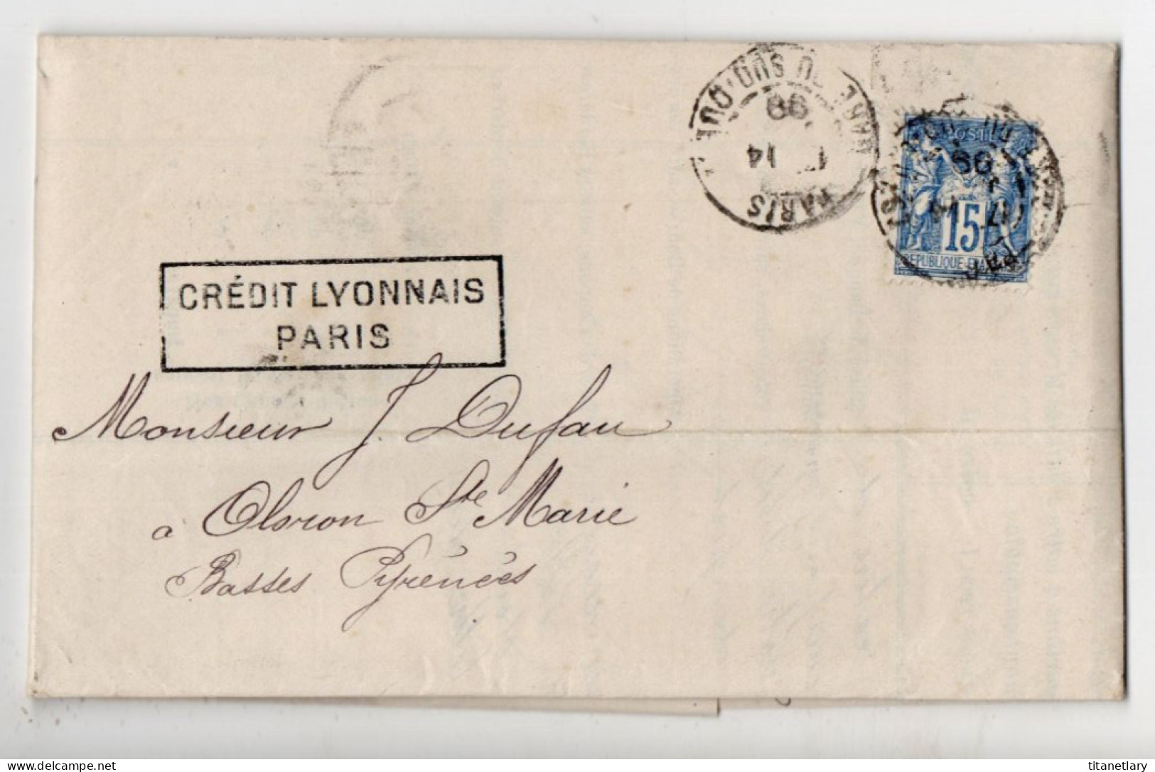 LAC Du Crédit Lyonnais Avec Sage Y&T N° 101 Perforé C L + Timbre Fiscal Perforé C L - Paris Pour Oloron Par Pau En 1899 - 1898-1900 Sage (Tipo III)