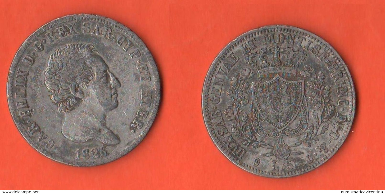 Regno Di Sardegna 5 Lire 1826 Carlo Felice Rex Sardinia Italy Mint Genova    ∇ 9 - Italian Piedmont-Sardinia-Savoie
