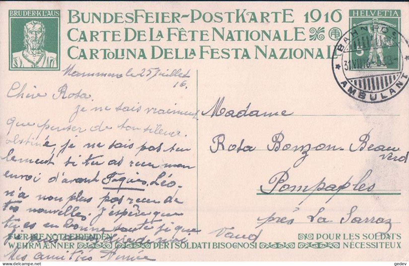 Fête Nationale 1916, La Suisse Ile De Paix (31.7.16) - Covers & Documents