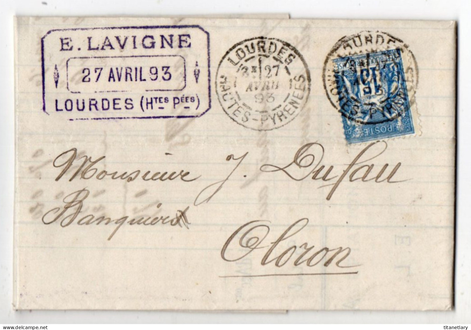 LAC Avec Sage Y&T N° 101 - E. LAVIGNE à Lourdes Pour Oloron En 1893 - 1898-1900 Sage (Tipo III)