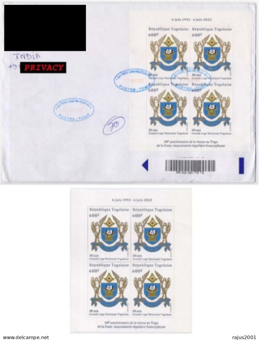 Grande Loge Régulière Franc-Maçons Freimaurer Regular Grand Lodge Of Togo Freemasonry Masonic MNH S/S + Registered Cover - Francmasonería