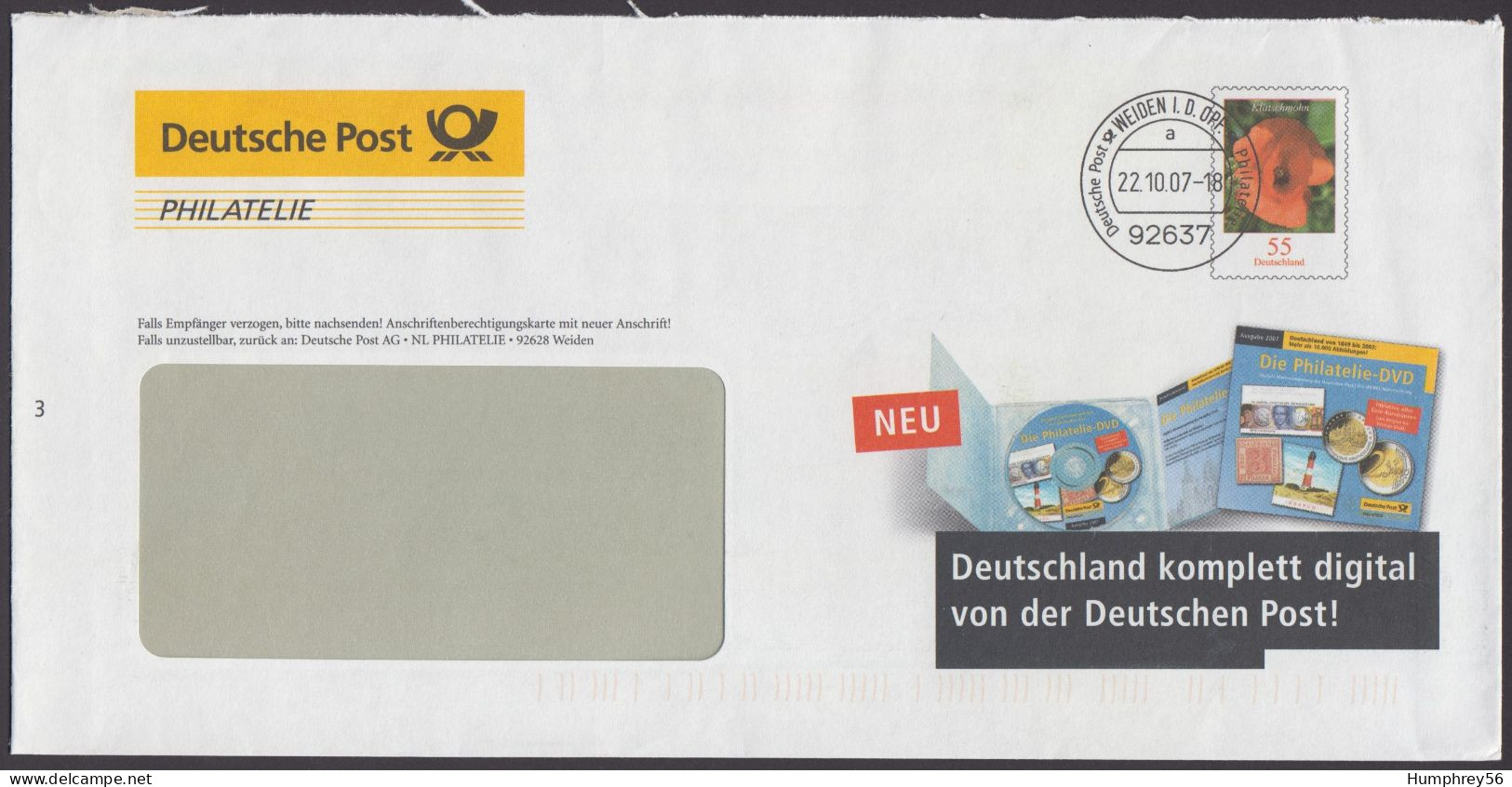 2007 - GERMANY - Cover [Postal Stationery] "The Philately DVD" [Michel F250] + WEIDEN - Buste Private - Usati