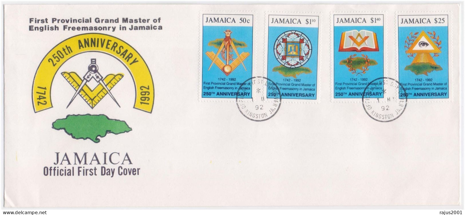 1st Provincial Grand Master Of English Freemasonry In Jamaica, Plumbline, Seeing Eye, Compass, Book, Masonic FDC RARE - Freimaurerei