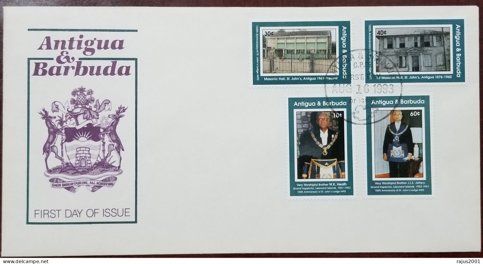 St John's Lodge # 492, Grand Inspector W K Heath, J L E Jefferey, Masonic Hall Freemasonry FDC 1993  Antigua & Barbuda - Francmasonería