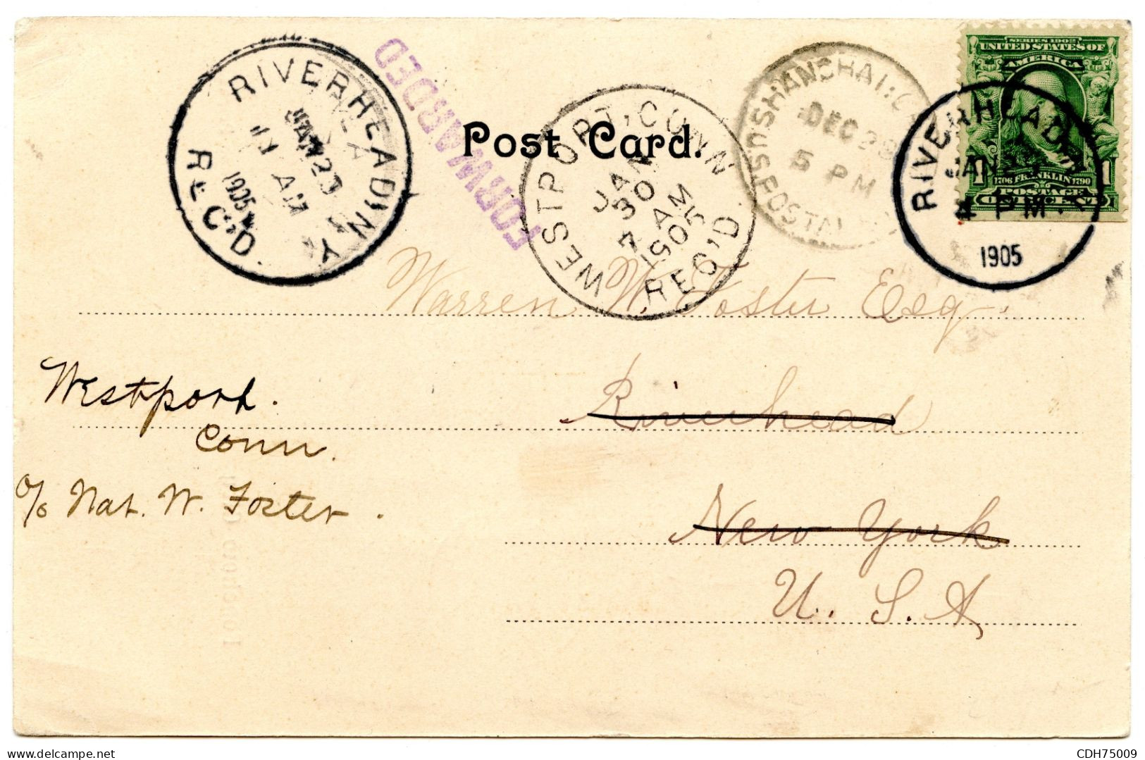 ETATS UNIS - CARTE POSTALE DE SHANGHAI POUR RIVERHEAD REEXPEDIEE A WESTPORT, 1905 - Brieven En Documenten