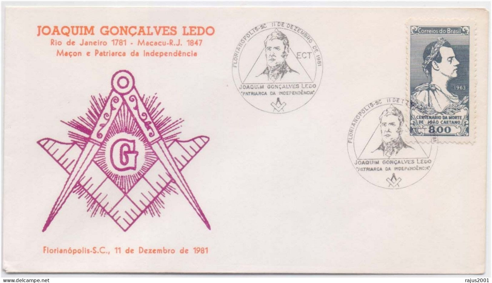 Joaquim Gonçalves Ledo Freemason And Patriarch Of Independence, True Masonic, Freemasonry Movement In Brazil FDC 1981 - Freimaurerei