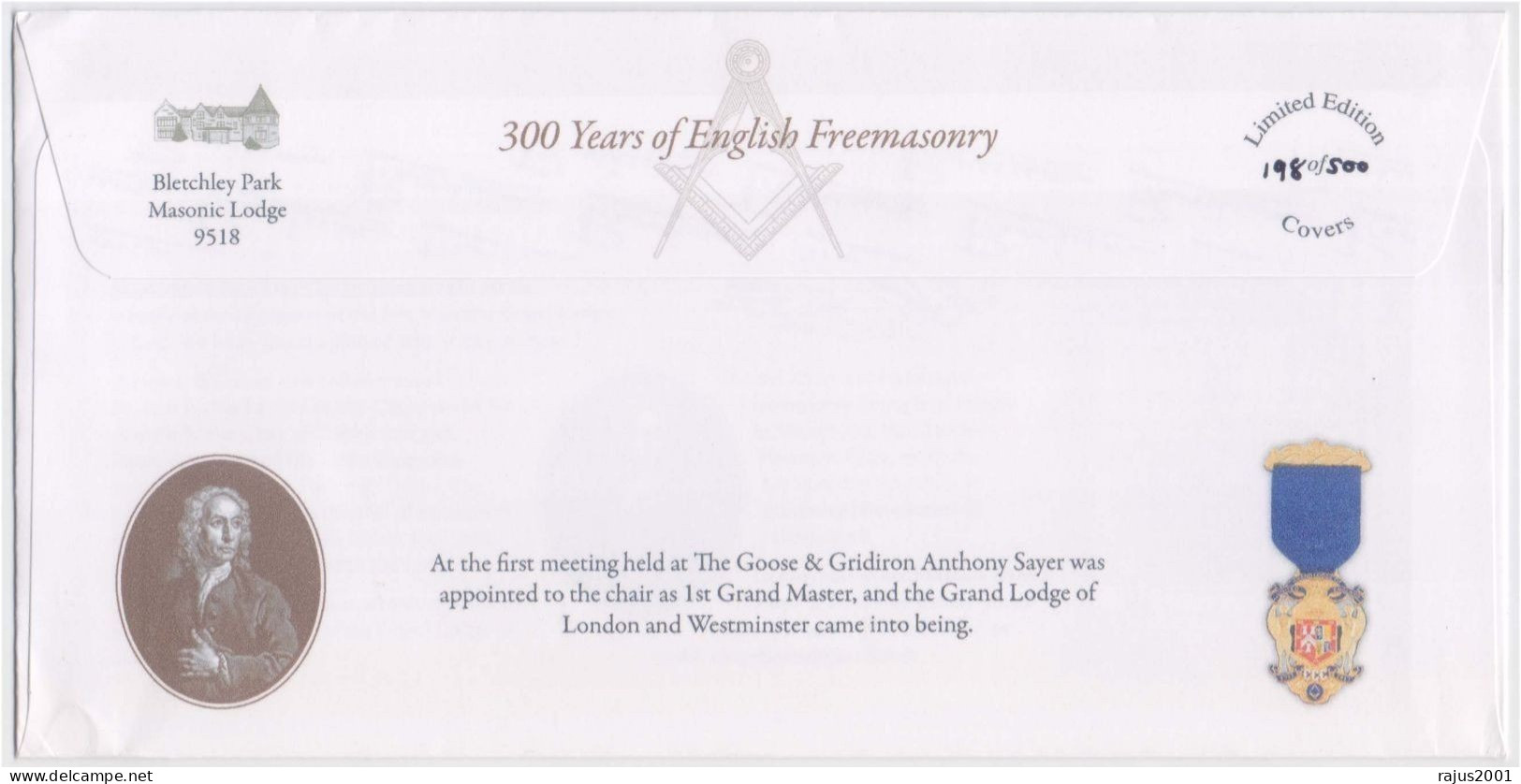 English Freemasonry, 1st Grand Lodge Of London, Masonic, True Masonic, Limited Issue Only 500 Covers Made FDC 2017 - Massoneria