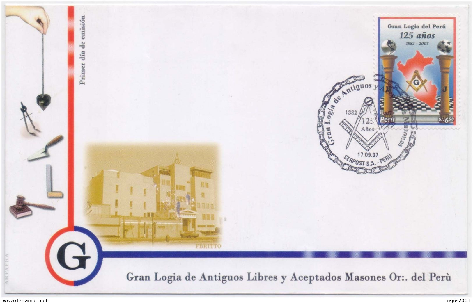 Grand Lodge Of Peru, 125th Anniversary, Map, Plumbline, Plumb Line, Freemasonry, Masonic Lodge, Peru RARE FDC - Vrijmetselarij