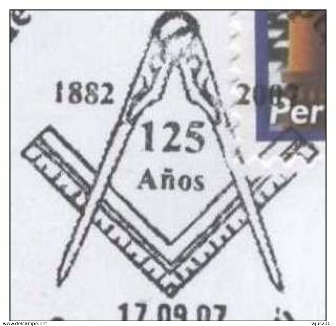 Grand Lodge Of Peru, 125th Anniversary, Map, Plumbline, Plumb Line, Freemasonry, Masonic Lodge, Peru RARE FDC - Vrijmetselarij