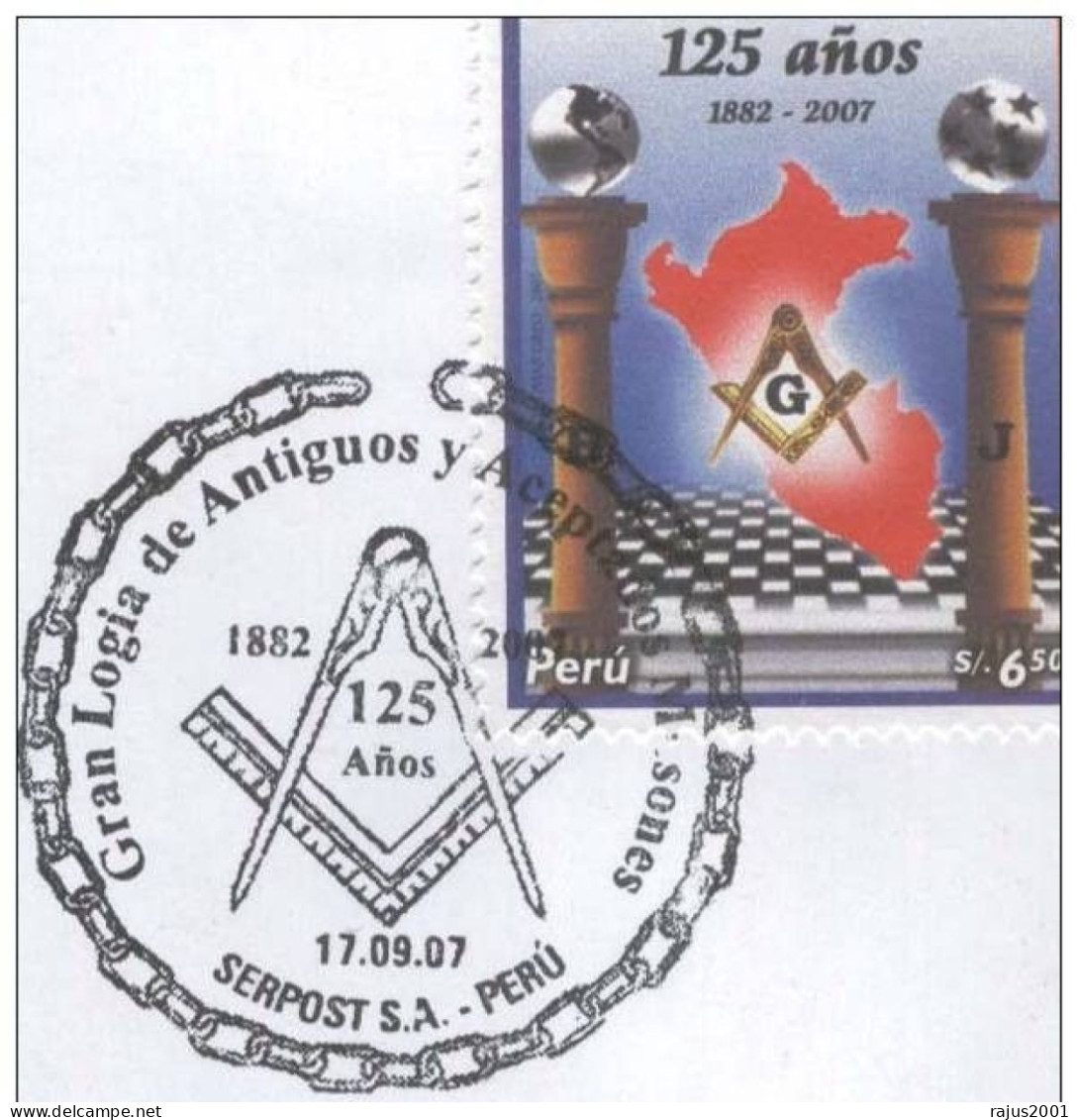 Grand Lodge Of Peru, 125th Anniversary, Map, Plumbline, Plumb Line, Freemasonry, Masonic Lodge, Peru RARE FDC - Massoneria