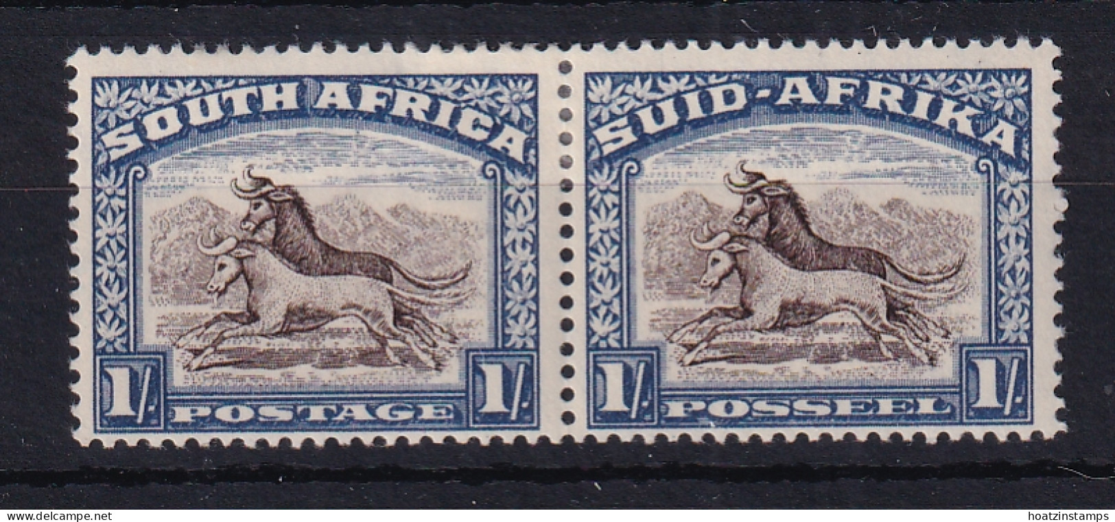 South Africa: 1947/54   Wildebeest   SG120a   1/-   Blackish-brown & Ultramarine    MH Pair - Unused Stamps