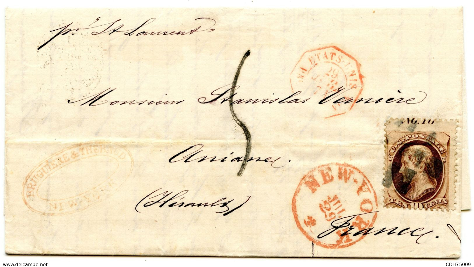 ETATS UNIS - 10 CTS (PLI) SUR LETTRE DE NEW YORK POUR LA FRANCE, 1871 - Cartas & Documentos