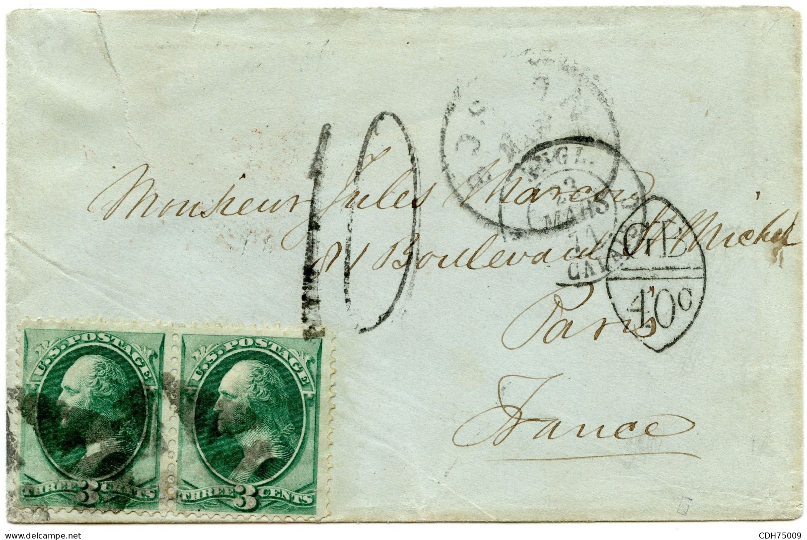 ETATS UNIS - 3 CTSX2 SUR LETTRE DE BOSTON POUR LA FRANCE, 1871 - Lettres & Documents