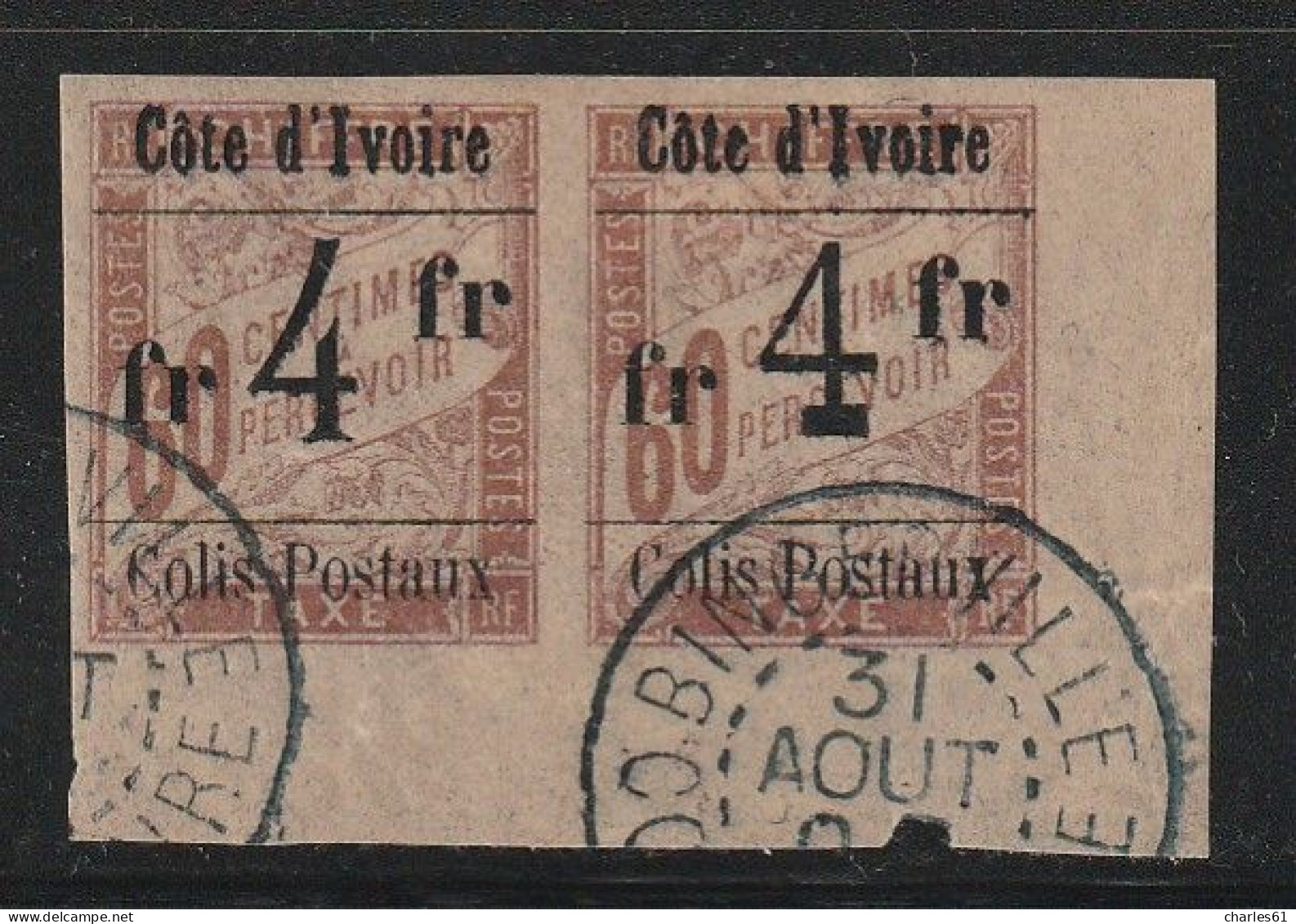 COTE D'IVOIRE - COLIS POSTAUX : N°11 Baa Obl (1903) 4f Sur 60c Brun . Se Tenant. Signé. Très RARE... - Used Stamps