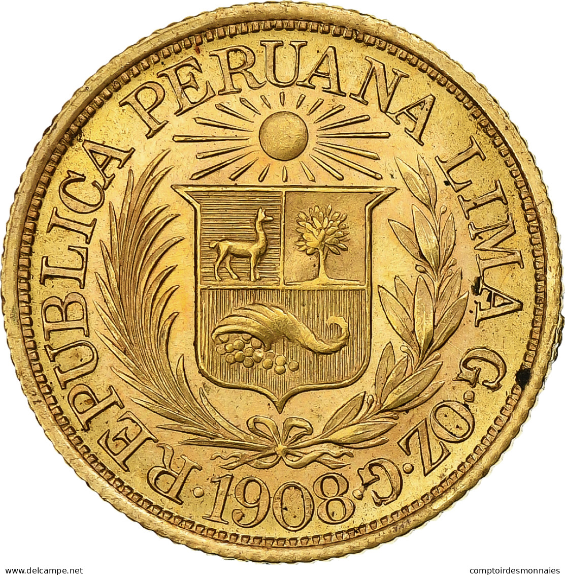 Pérou, 1/2 Libra, Trade Coinage, 1908, Or, SPL, KM:209 - Peru