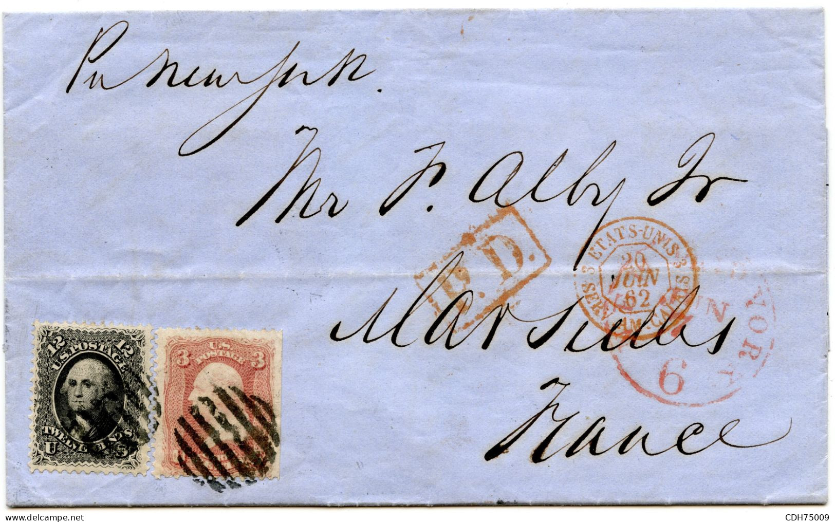 ETATS UNIS - 3 CTS + 12 CTS SUR LETTRE DE NEW YORK POUR LA FRANCE, 1862 - Covers & Documents