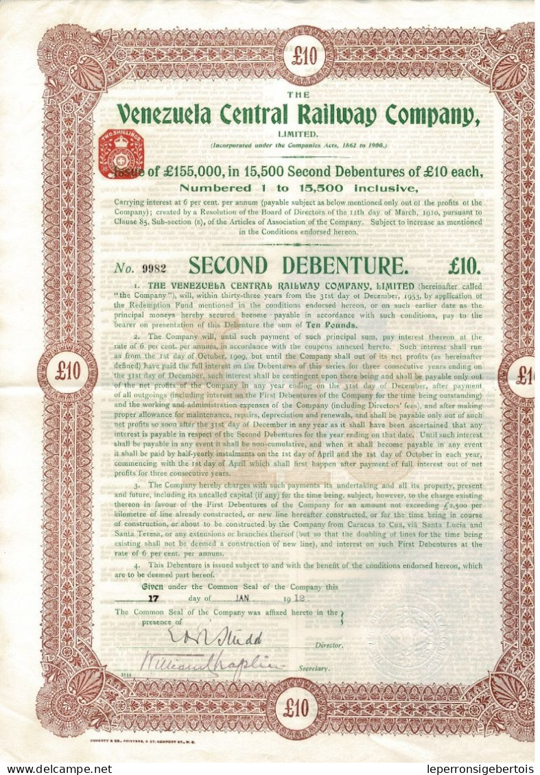 Obligation De 1912 - The Venezuela Central Railway Company Ltd. - - Chemin De Fer & Tramway