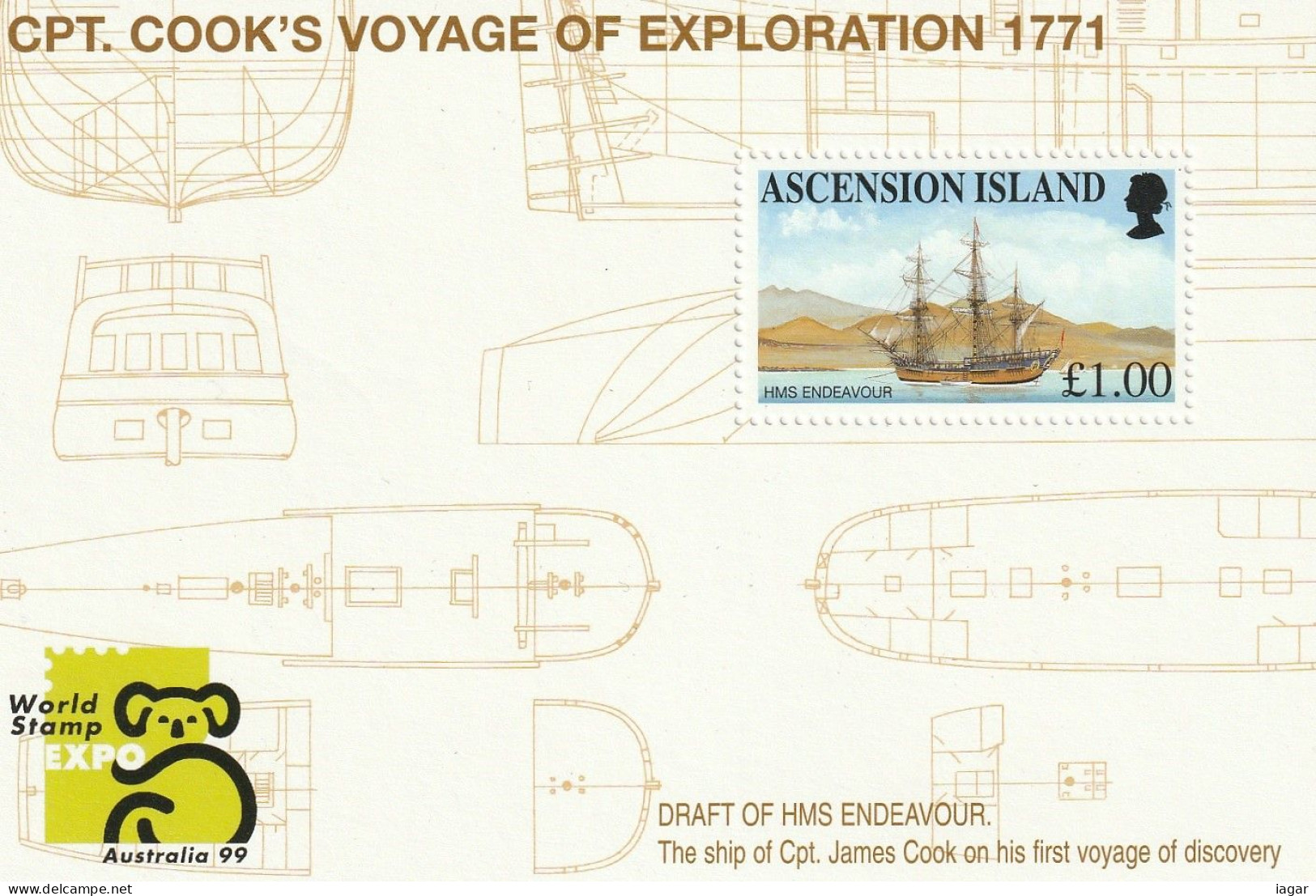 THEMATIC PHILATELIC EXHIBITION:  "AUSTRALIA '99". DRAFT OF HMS ENDEAVOUR, THE SHIP OF CPT. COOK     MS  -  ASCENSION - Esposizioni Filateliche