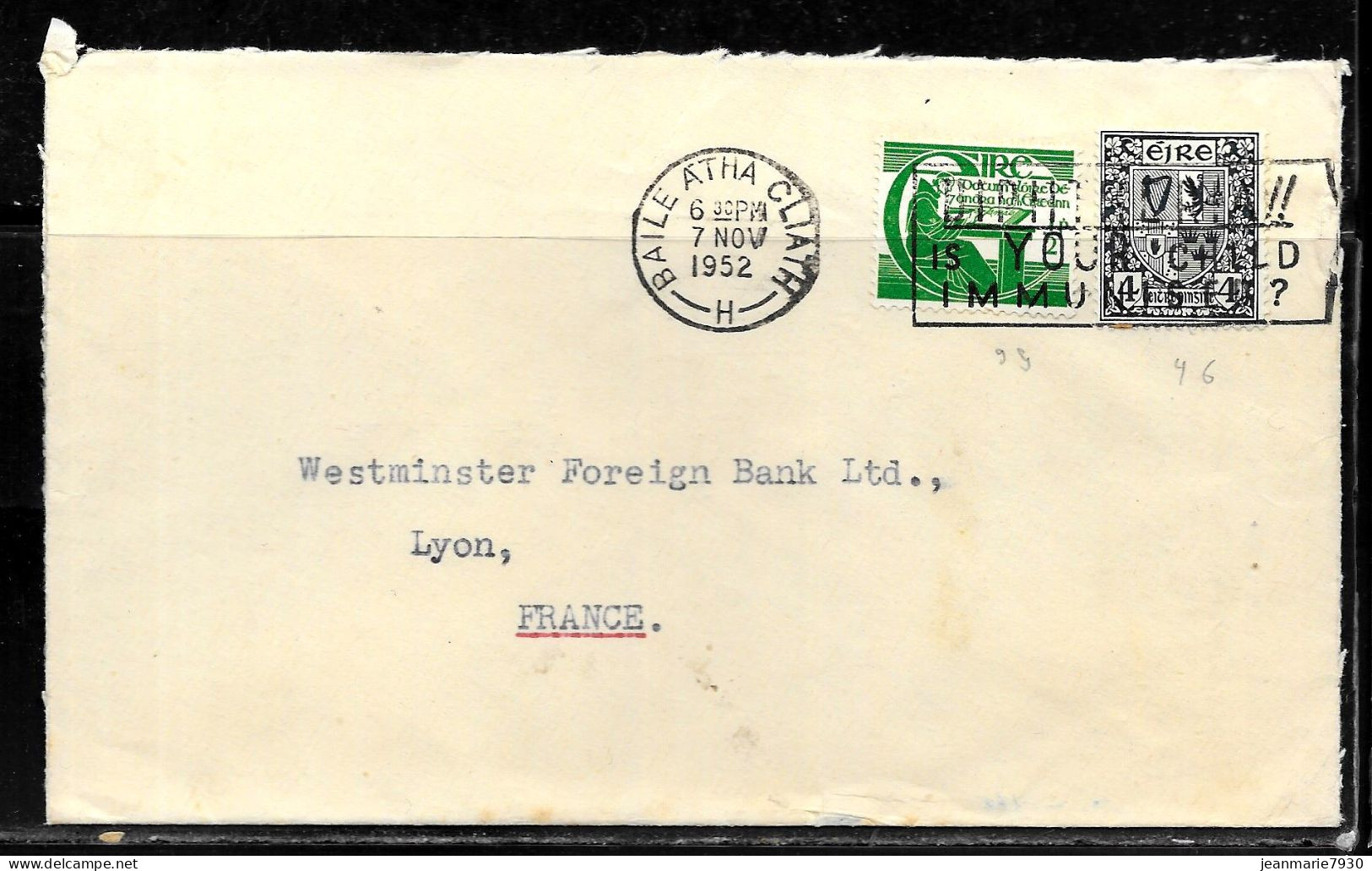 N203 - IRLANDE - N° 46 Et 99 SUR LETTRE DE BAILE ATHA CLIATH DU 7 NOVEMBRE 1952 POUR LYON - Storia Postale