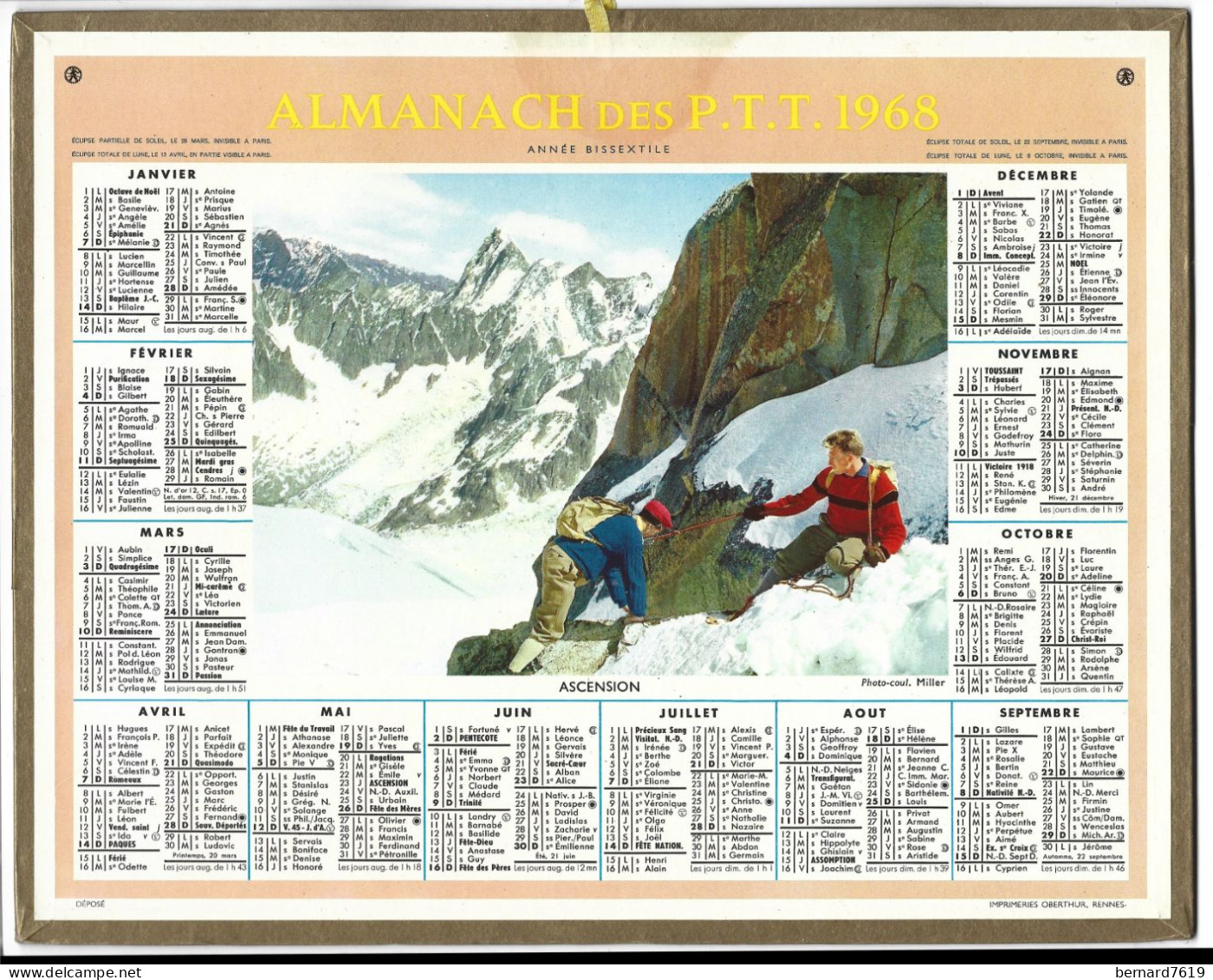 Almanach  Calendrier  P.T.T  -  La Poste -  1968 - Ascension - Formato Grande : 1961-70