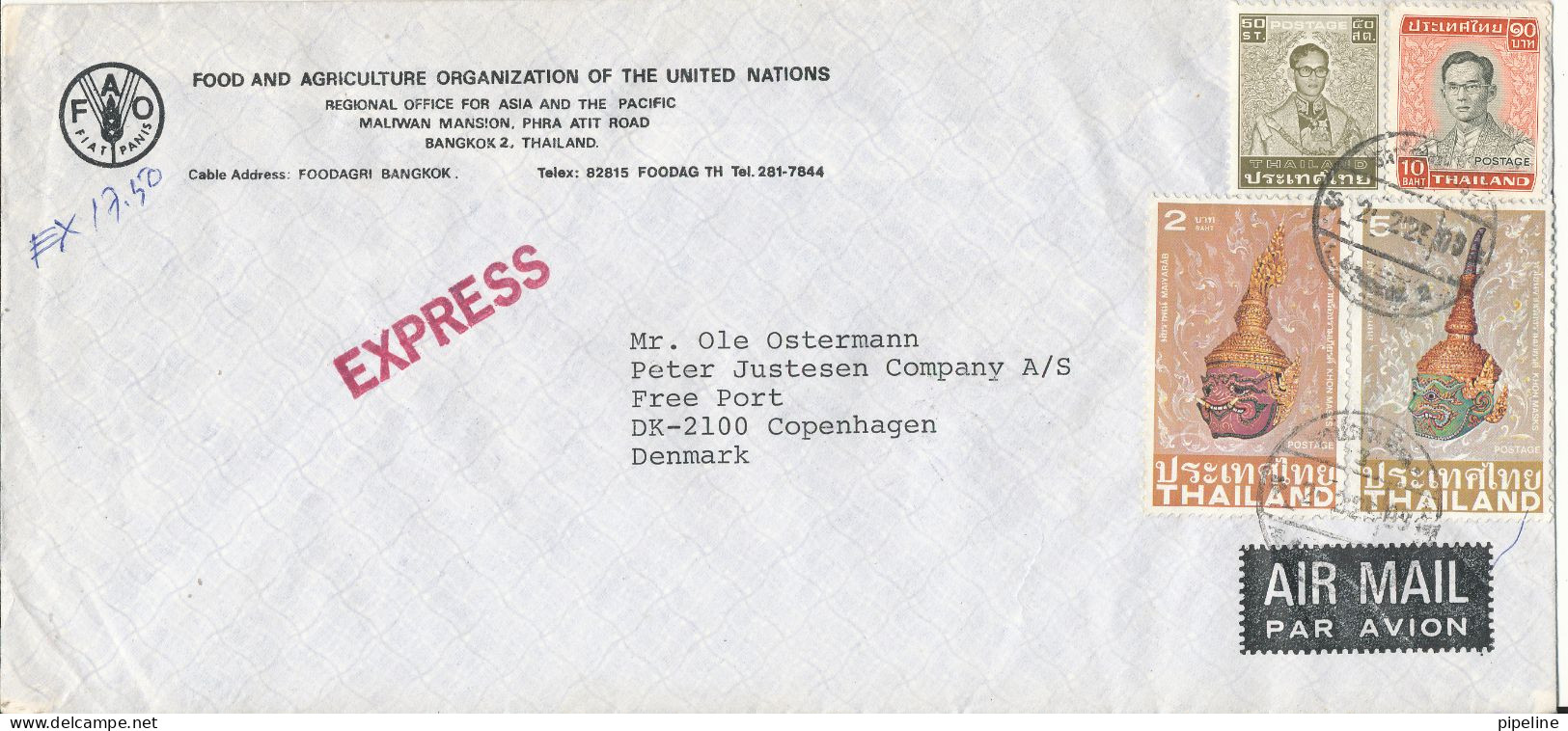 Thailand Air Mail Cover Sent Express To Denmark 1982 Topic Stamps (Food And Agriculture Organization Of UN Bangkok) - Thaïlande