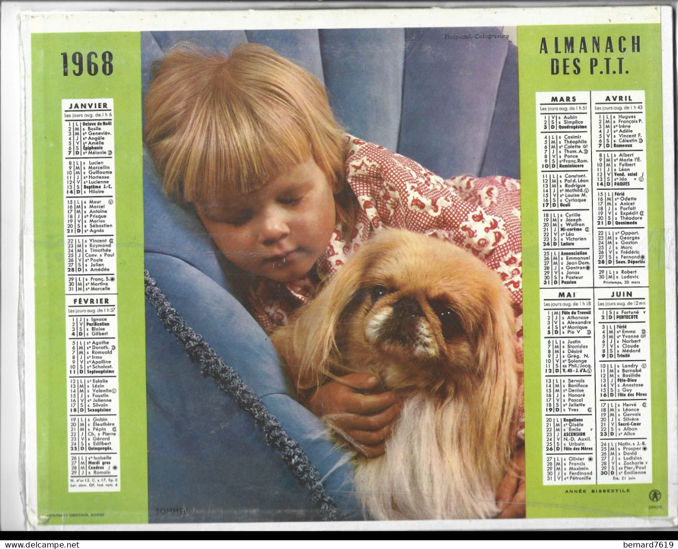 Almanach  Calendrier  P.T.T  -  La Poste -  1968   Sommeil - Enfant Et Chien - Grand Format : 1961-70