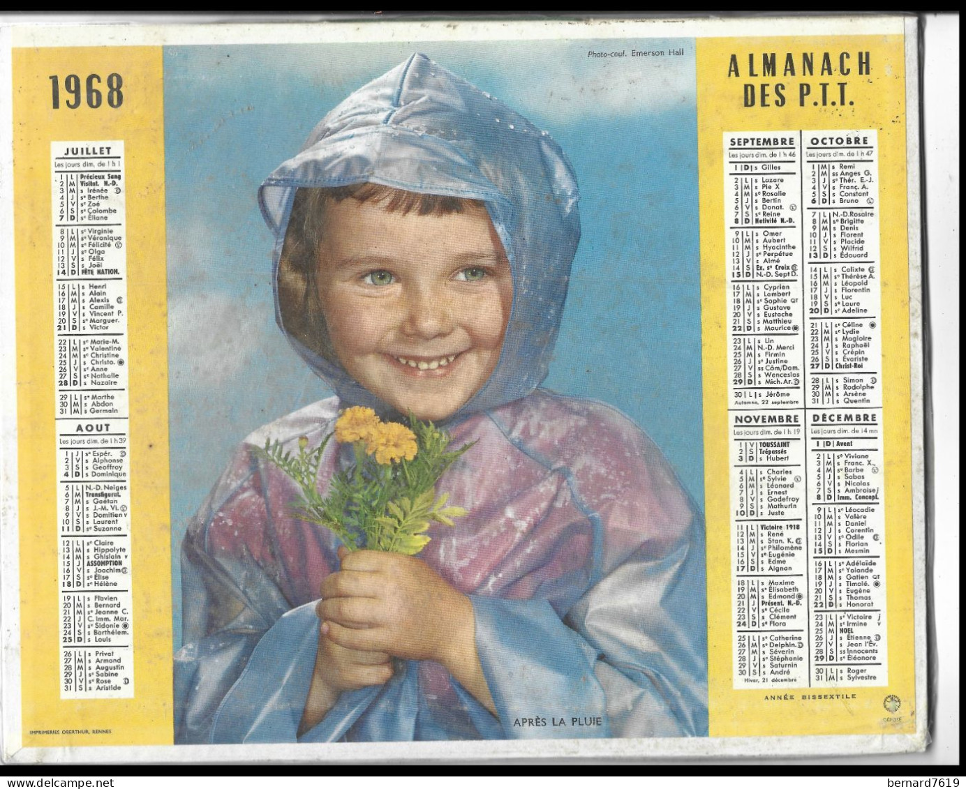 Almanach  Calendrier  P.T.T  -  La Poste -  1968   Sommeil - Enfant Et Chien - Big : 1961-70