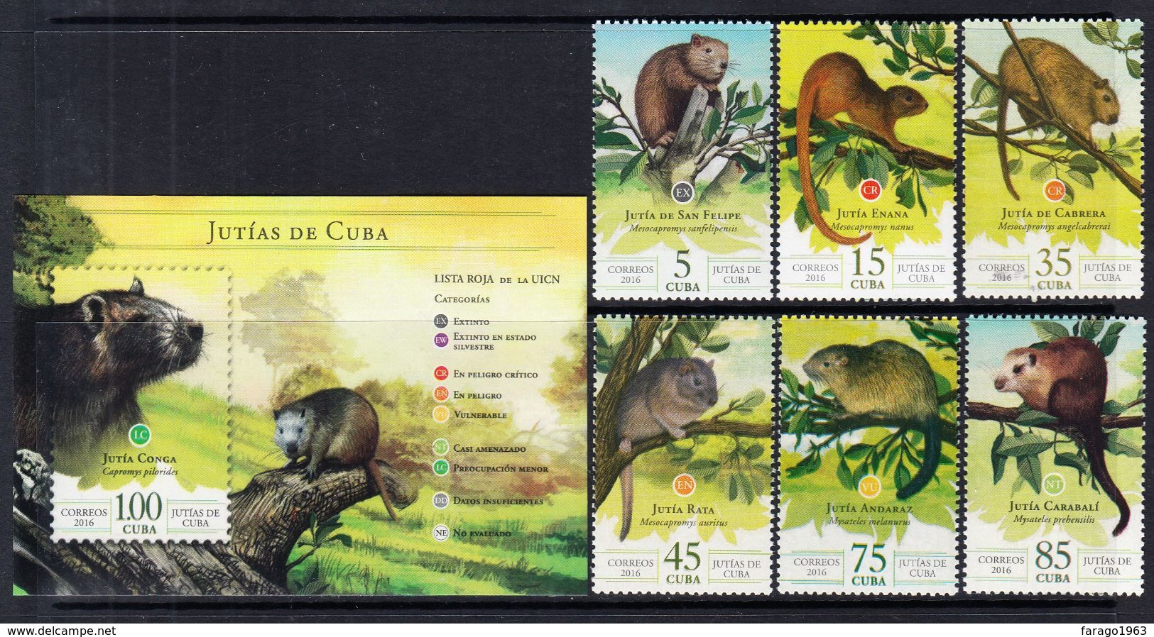 2016 Cuba Endangered Hutias Mammals  Complete Set Of 6 + Souvenir Sheet MNH - Unused Stamps