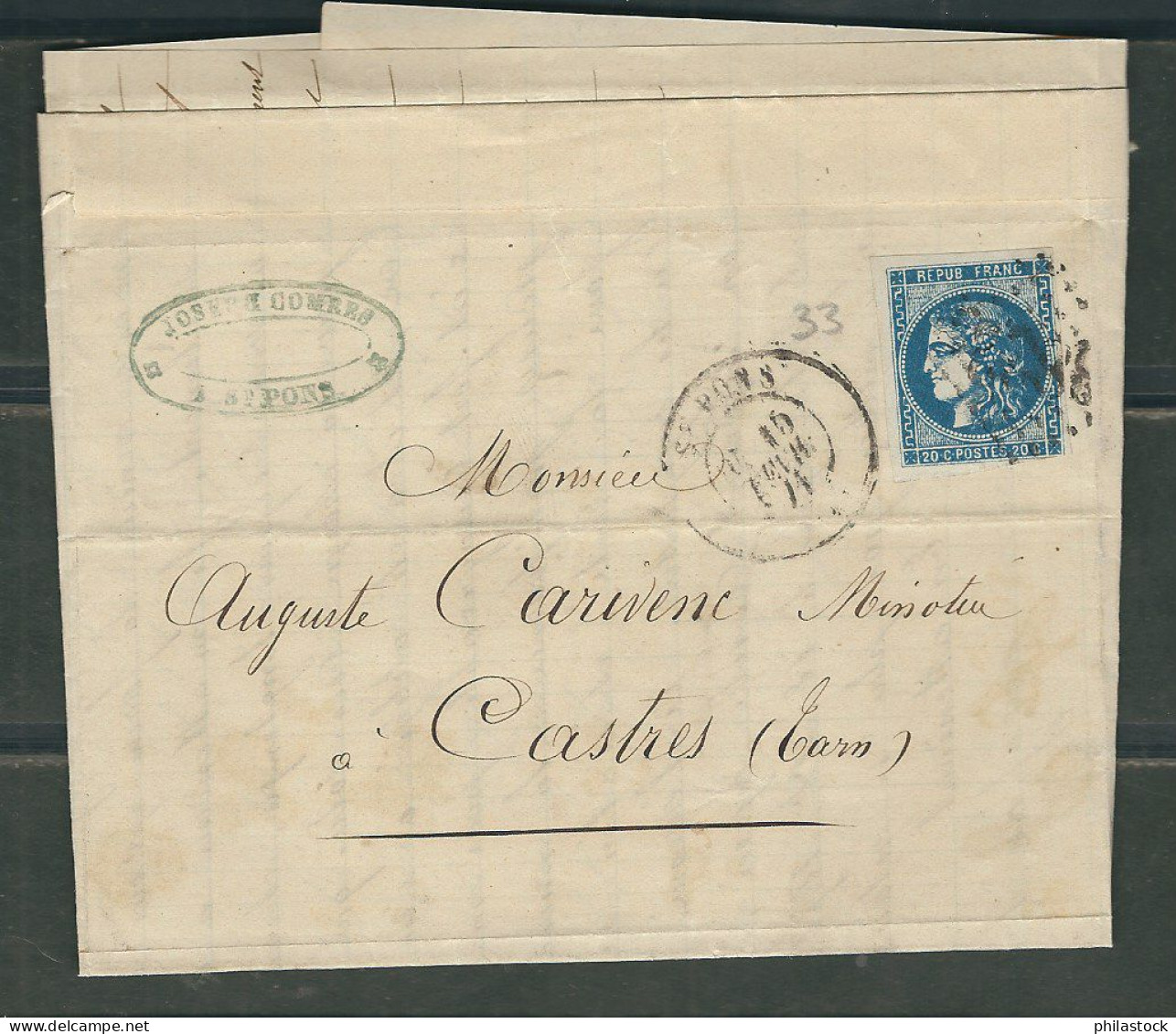 FRANCE 1871 N° 45 (pli) Obl. S/Lettre GC 412 Bedarieux Pour Castres - 1870 Emission De Bordeaux